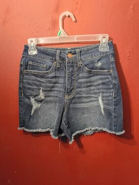 Time and Tru Dark Blue High Waist Distressed Denim Shorts